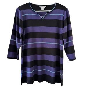 MISOOK Black Purple Blue Wide Stripe 3/4 Sleeve Acrylic Knit Top Large